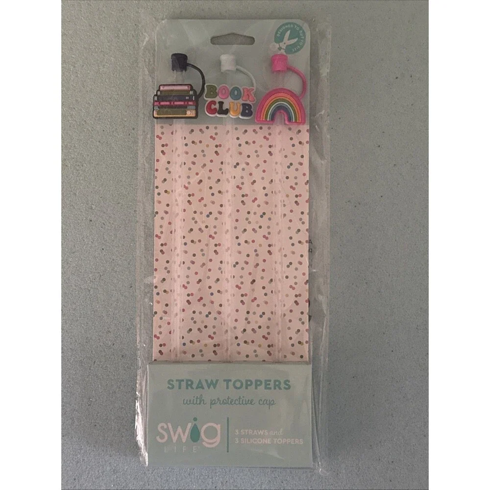 Swig Life Set Of 3 Straws W/ Toppers BOOK CLUB Books & Rainbow SEALED